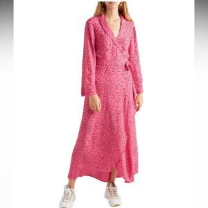 Ganni Barra Floral Printed Crepe Wrap Dress Hot Pink with Black Floral size 34